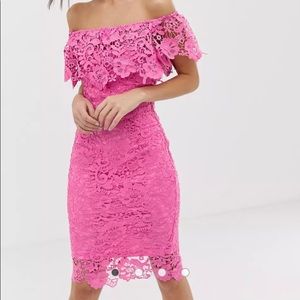 Bardot lace pencil dress with drill detail
